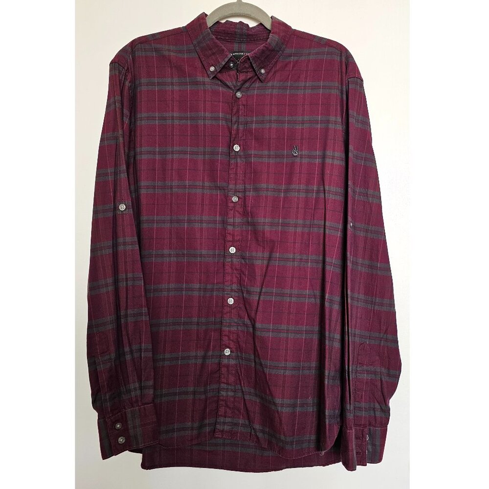John Varvatos USA Burgundy Plaid Cotton Button Up Shirt Cuff Tabs L